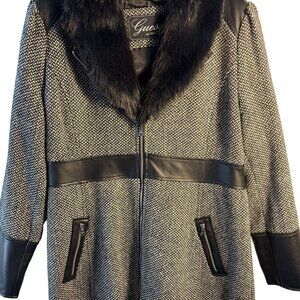 Guess Womens Herringbone Coat With Faux Fur Collar & Leather Accents